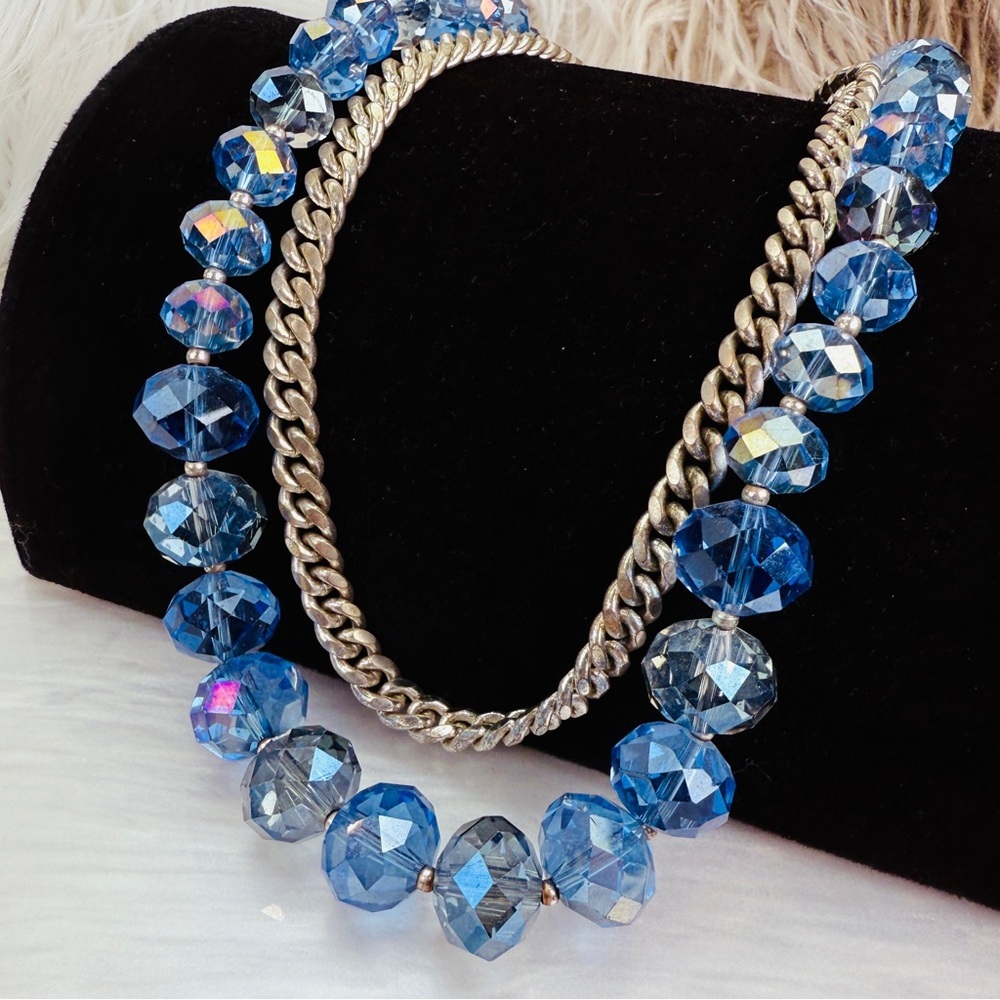 Vintage double strand blue faceted glass beads, silvertone curb chain necklace